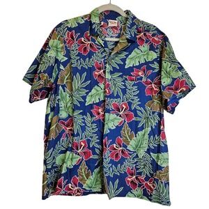 Barefoot Paradise L Hawaiian Shirt Short Sleeve Button Front Palm Hibiscus